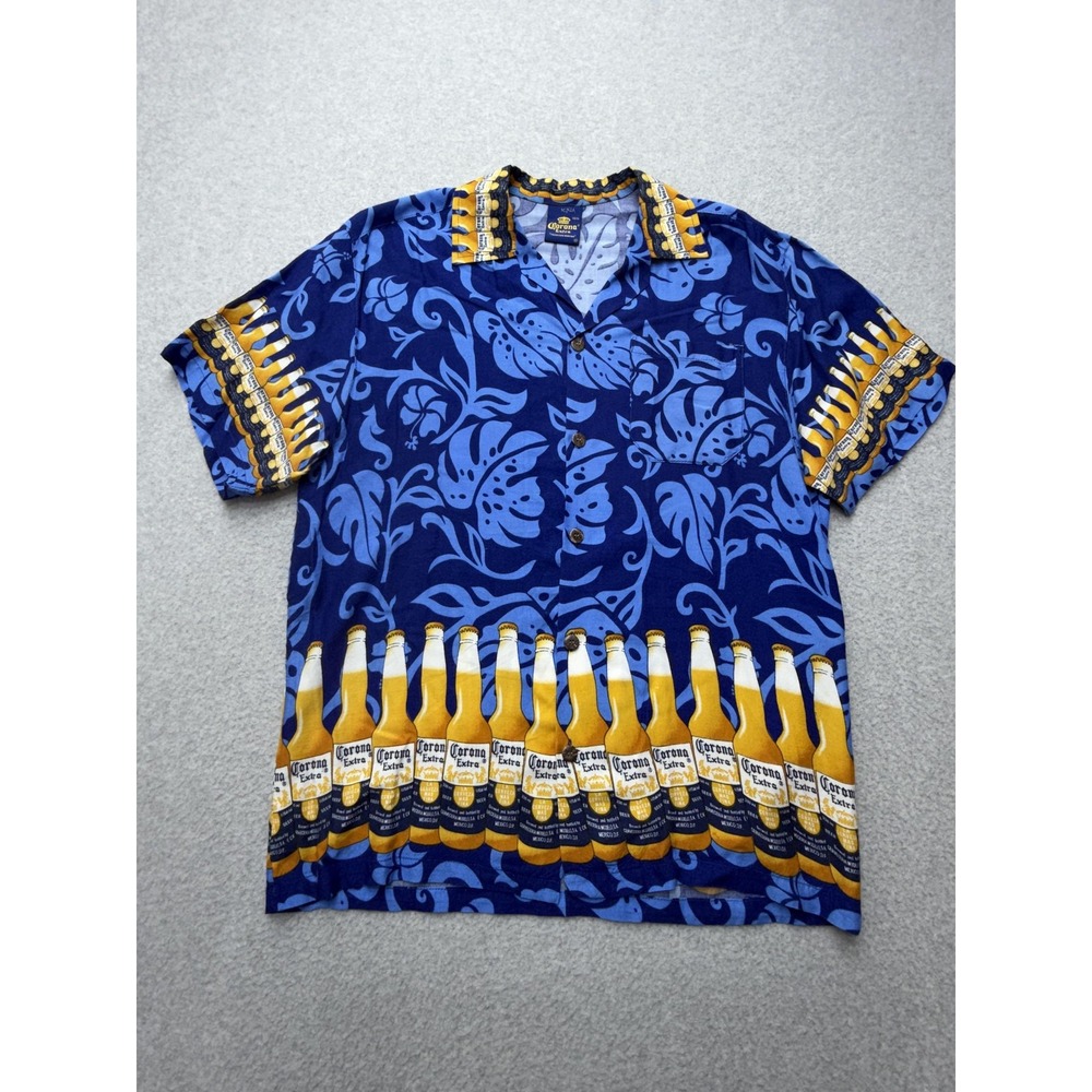 Corona Extra‎ Hawaiian Shirt Mens XL Blue Rayon Beer Bottle Camp Aloha Graphic